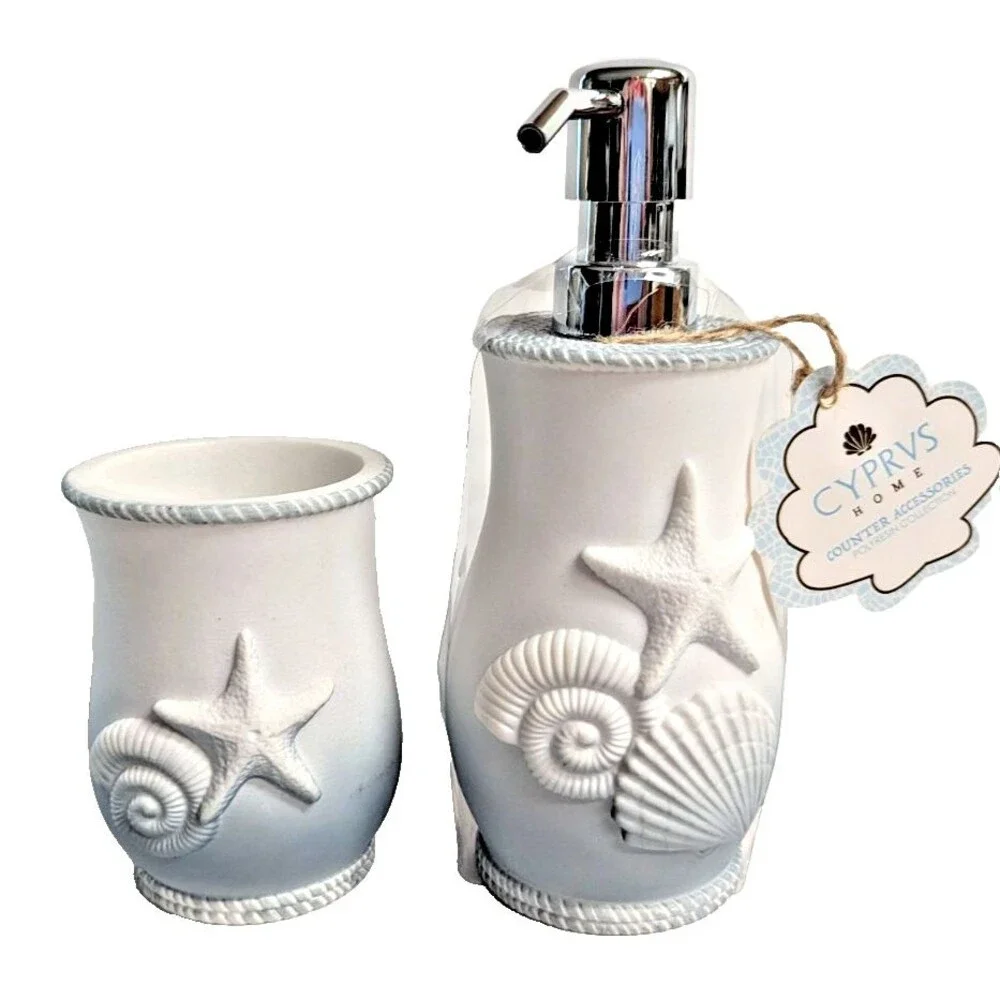 Cyprvs Seashell Soap Dispenser Tumbler Starfish Blue White Polyresin Bath Gift